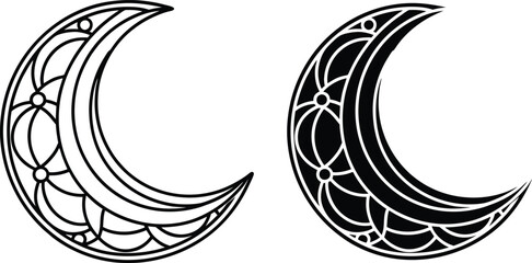 Two crescent moon illustrations, one outlined, one filled, both adorned with intricate mandalalike patterns. Suitable for tattoo designs or art.