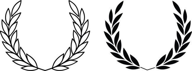 Two simple laurel wreaths one in black, one in white outline. Circular design, symbolic of victory, achievement, or honor.