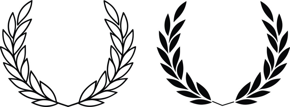 Two simple laurel wreaths one in black, one in white outline. Circular design, symbolic of victory, achievement, or honor.