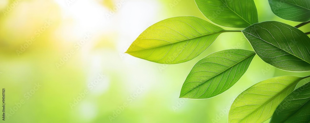 Poster micro foliage idea. close-up of green leaves with sunlight creating a serene and fresh atmosphere.