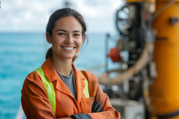 Fototapeta premium portrait of smiling female fifo worker, young, on oil rig freighter ship, high vis vest, and ppe overlooking ocean