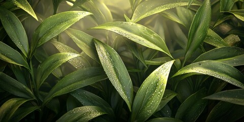 Lush Green Leaves Dew Drops Nature Background