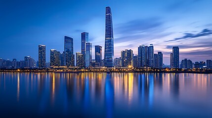Fototapeta premium City Skyline Reflecting in Calm Water at Dusk