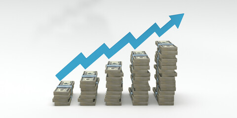 A 3D render of increasing stacks of US dollar bills, illustrating a positive economic trend. A graphic representation of financial progress.