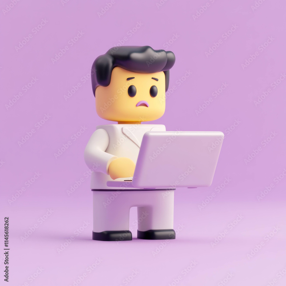 Aufkleber character with worried expression using laptop on purple background