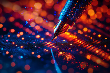  a close-up of a glowing pen hovering above a holographic writing pad,