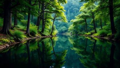 Obraz premium Serene forest lake reflecting lush green trees
