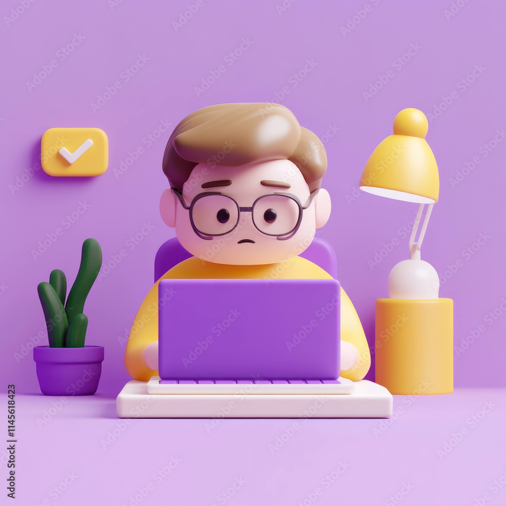 Poster character working on laptop in colorful workspace, expressing concern