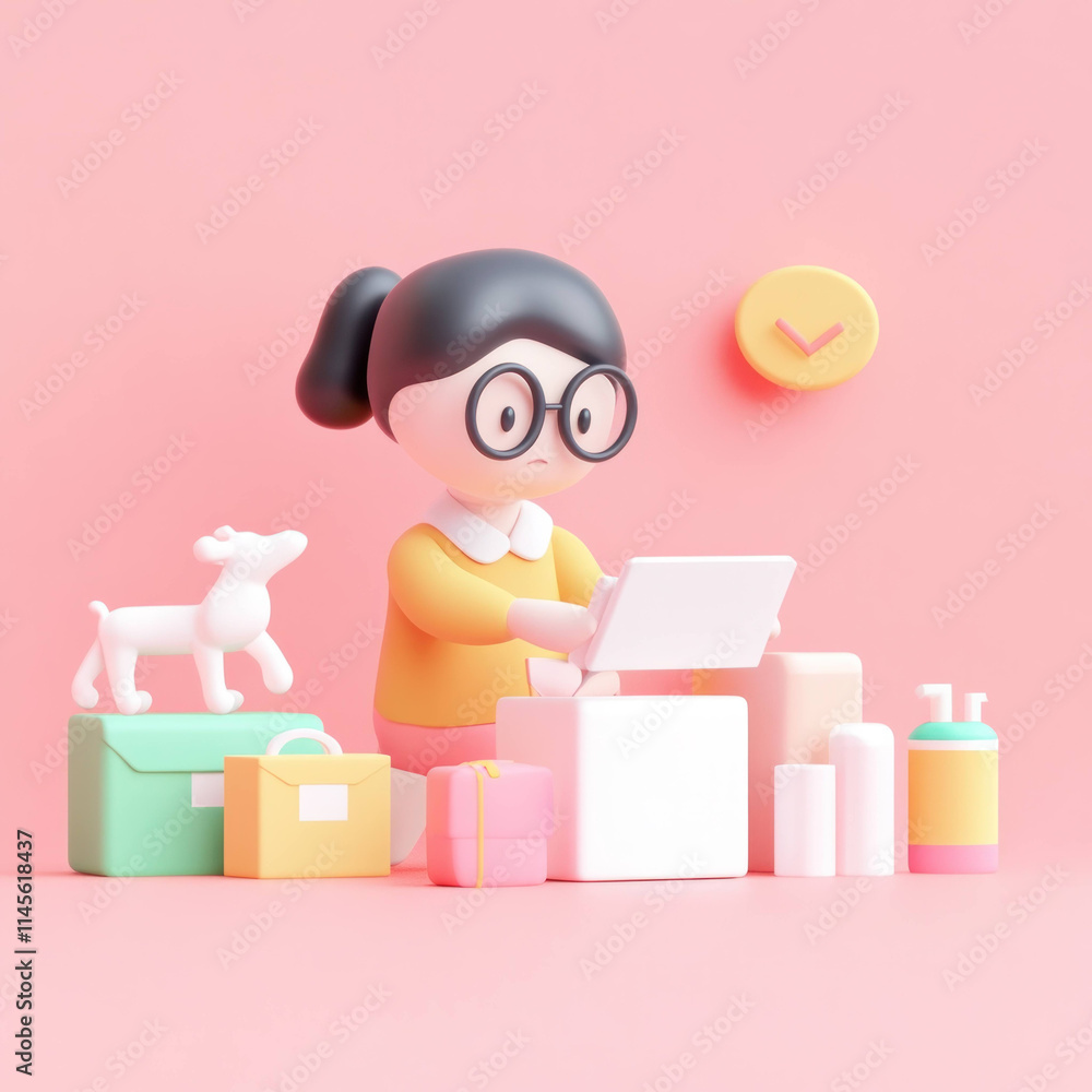 Aufkleber playful scene featuring character working on laptop surrounded by colorful boxes and dog