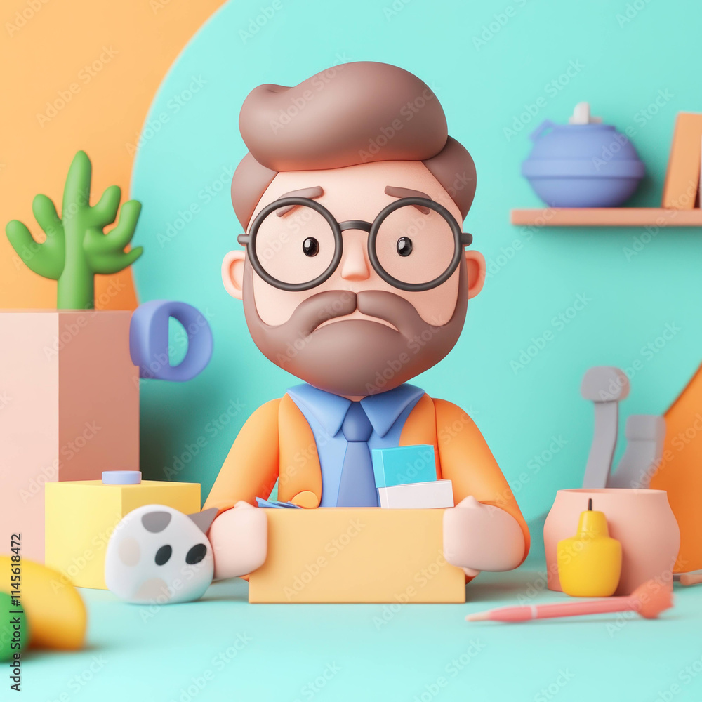 Aufkleber character with glasses and beard looks concerned while holding box. colorful background features plants and various objects