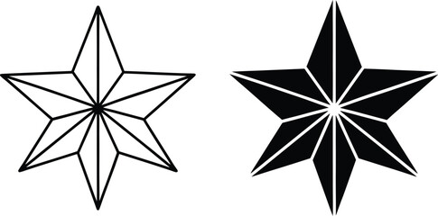 Two eight pointed stars one outlined, one filled black. Simple geometric shapes, clean line art, in contrasting colors. Similar design, different styles.