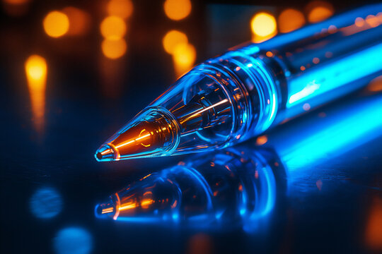  a close-up of a sleek glowing futuristic writing pen with a bioluminescen