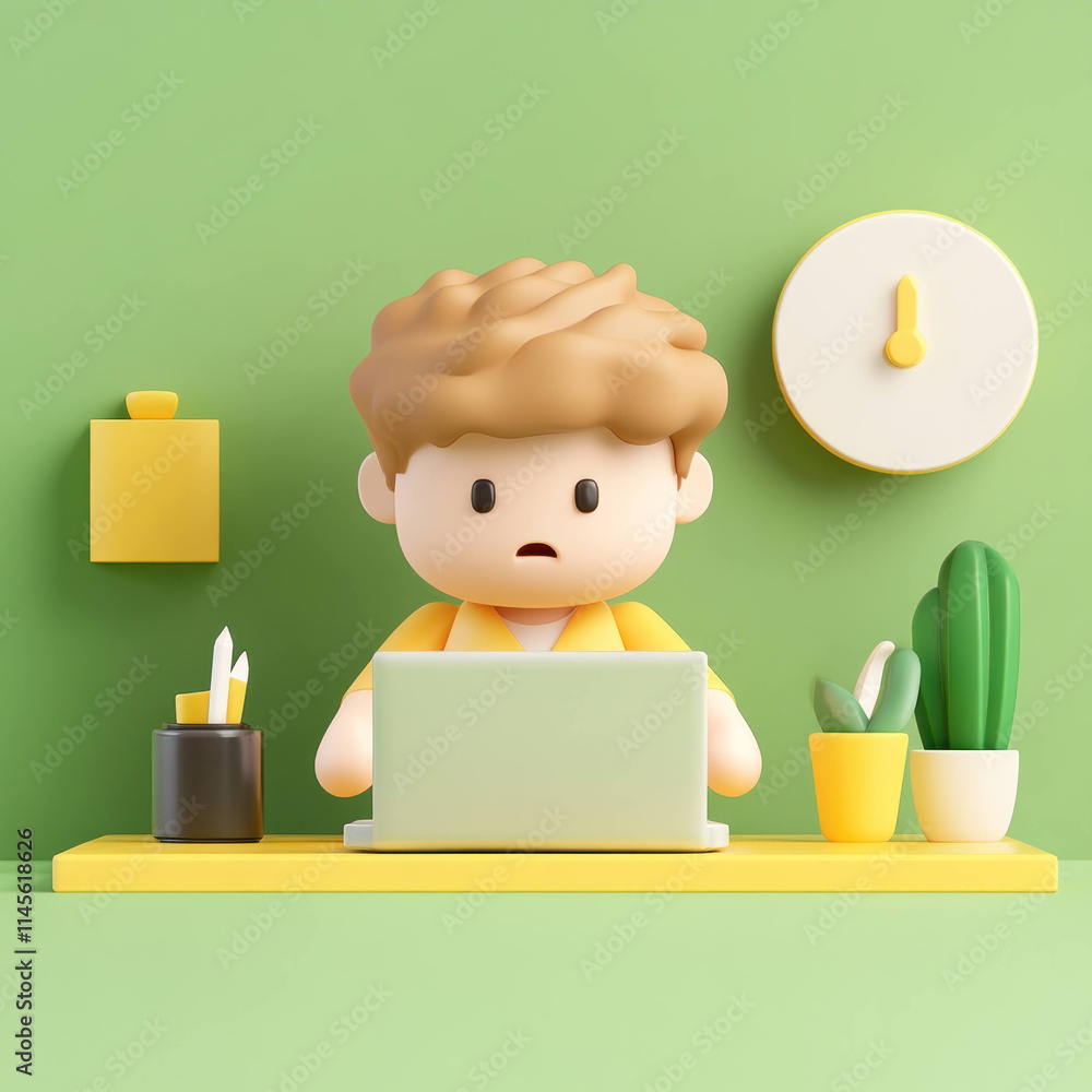 Poster cheerful character working on laptop in colorful workspace with plants