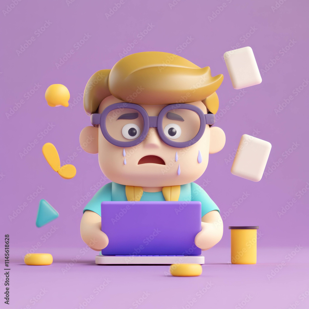 Aufkleber character with glasses, crying while using laptop, surrounded by colorful shapes