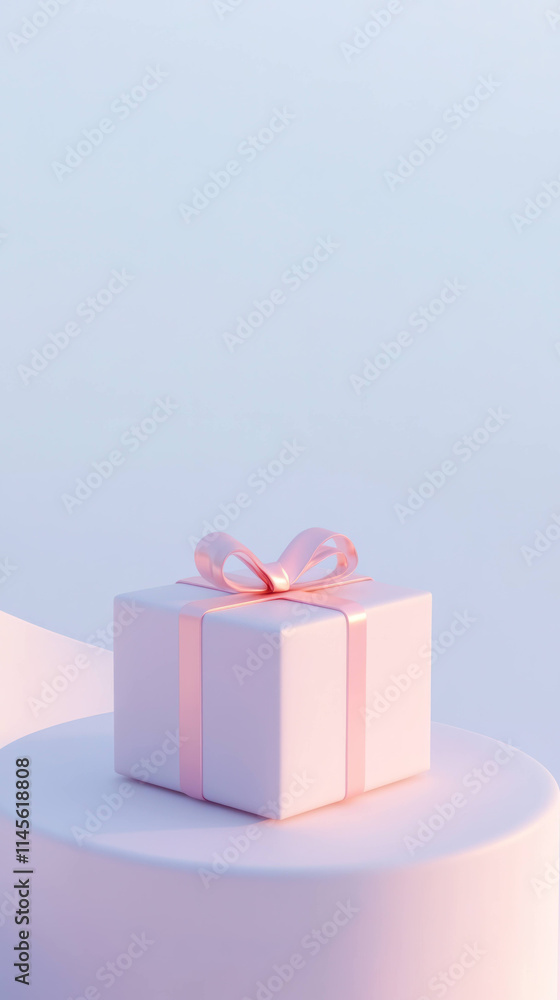 Poster gift box with pink ribbon on minimalist platform, soft edges, and gradient shadows, creating serene 