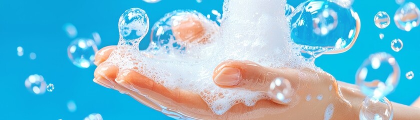 Fototapeta premium Hands lathering soap bubbles closeup cleanliness blue background