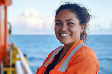 portrait of smiling maori female fifo worker, 20 - 30, on oil rig freighter ship, high vis vest, and ppe overlooking ocean
