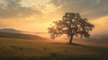 Obraz premium Silhouette of a lone tree against the setting sun, casting a long shadow on a field.