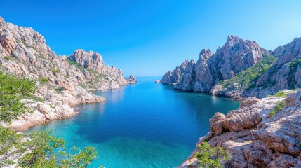 Obraz premium Scenic view of a secluded cove with crystal clear turquoise water surrounded by rugged red granite cliffs under a bright blue sky.