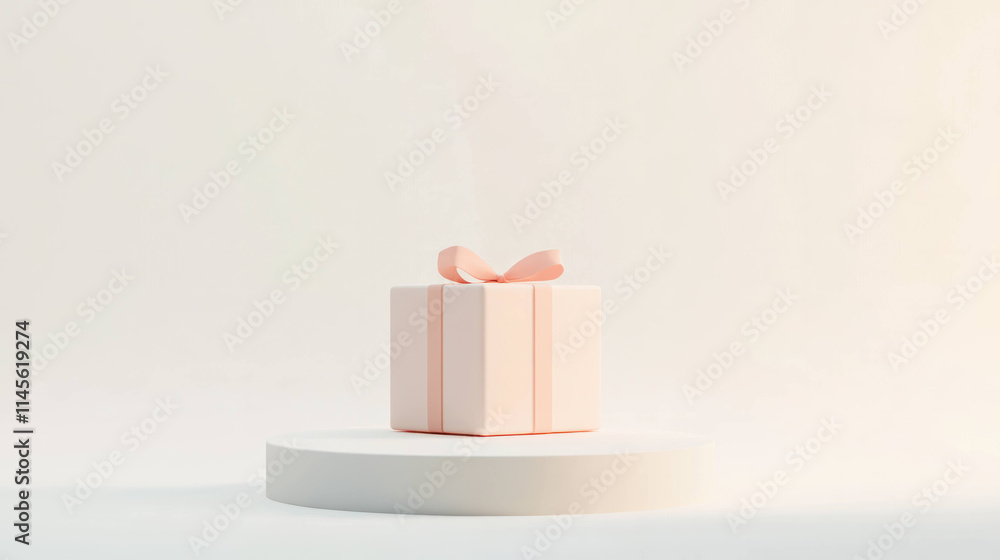 Poster minimalist gift box with soft edges and bow on platform, rendered in clean style. perfect for celebr