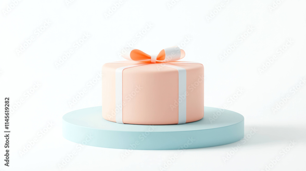 Poster minimalist gift box with soft peach color and ribbon on platform, showcasing clean design and gentle