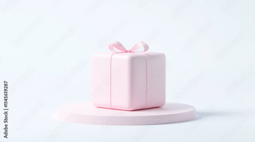 Aufkleber pink gift box is elegantly placed on circular platform, showcasing minimalist design with soft edges and subtle shadows