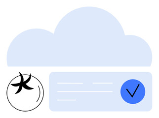 Soft blue cloud shape with a data transfer icon and a blue validation checkmark on document. Ideal for cloud storage, data security, online validation, digital communication, network services