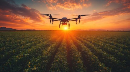 Fototapeta premium Drone flying over a field at sunset.