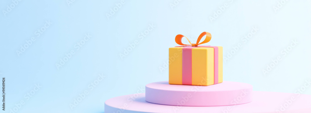 Poster gift box with yellow and pink design sits on pastel platform, creating cheerful and minimalist aesth