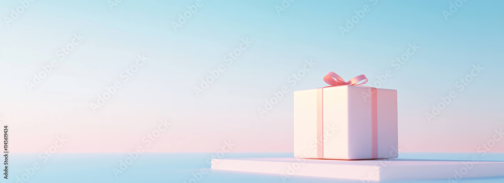 Poster gift box positioned platform against pure white background, featuring soft edges and gradient shadow