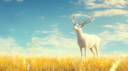 Fototapeta premium White Deer Stands in Golden Grassland Under Blue Sky