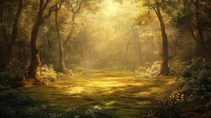Naklejka premium Serene Golden Forest Clearing with Mystical Light and Tranquility