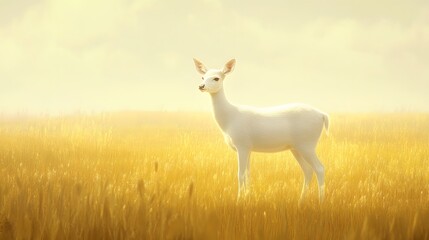 Obraz premium White Deer Stands in Golden Field of Wheat