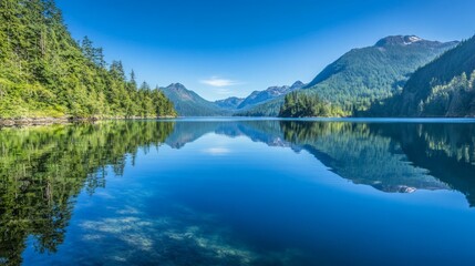 Naklejka premium Serene Lake with Crystal Clear Reflection of Mountains and Sky