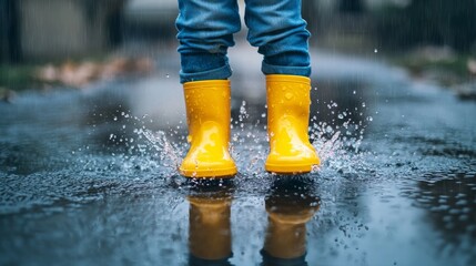 Feet of child in yellow rubber boots jumping over a puddle in the rain
