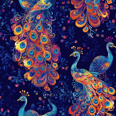Seamless pattern of colorful peacocks asian inspired design digital art vibrant environment top view japanese chinese korean aesthetics