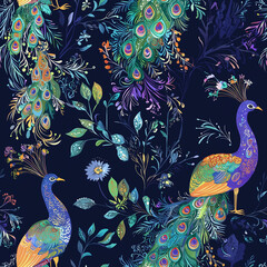 Vibrant seamless pattern of asian peacocks japanese chinese korean influence decorative design colorful flora rich textures