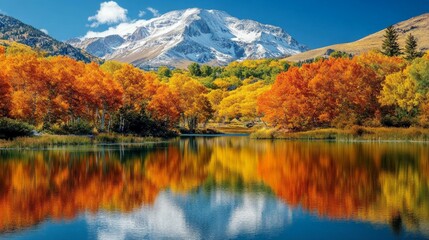 Serene Lake Surrounded by Vibrant Autumn Colors and Mountain Peaks