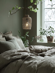  a serene minimalist bedroom with potted plants, natural linen bedding,