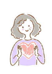 ハートを持っている年配女性のシンプル手描きイラスト