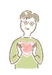 ハートを持っている年配男性のシンプル手描きイラスト