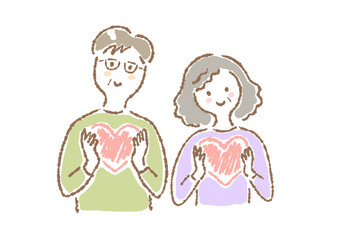 ハートを持っているシニアカップルのシンプル手描きイラスト