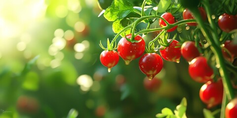 Obraz premium Juicy Red Tomatoes Ripening on Vine Fresh Farm Produce Agriculture