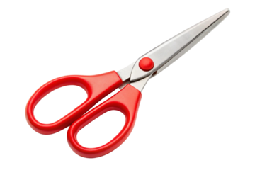 Stainless steel scissors with red plastic handles isolated on black background, showcasing design and practicality.