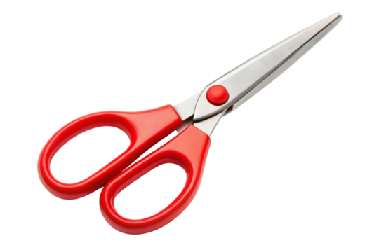 Stainless steel scissors with red plastic handles isolated on black background, showcasing design and practicality.