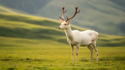 Naklejka premium White Deer Buck Stands In Verdant Meadow