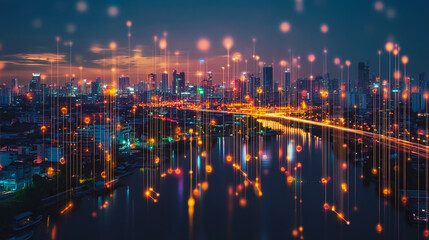 Obraz premium Smart digital city with connection cyber security network reciprocity over the cityscape . future smart wireless digital city and social media networking systems that connects people within the city