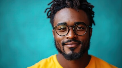 Obraz premium A Black man with glasses smiles happily in a studio, exuding a positive and confident attitude with a handsome face and stylish spectacles.