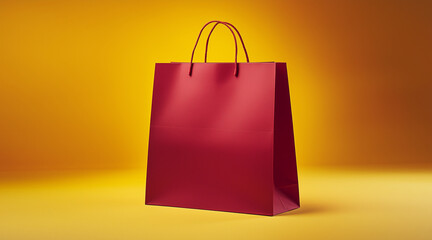 A deep red paper shopping bag with a yellow background, simple