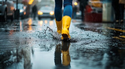 feet in rubber boots rain puddle city